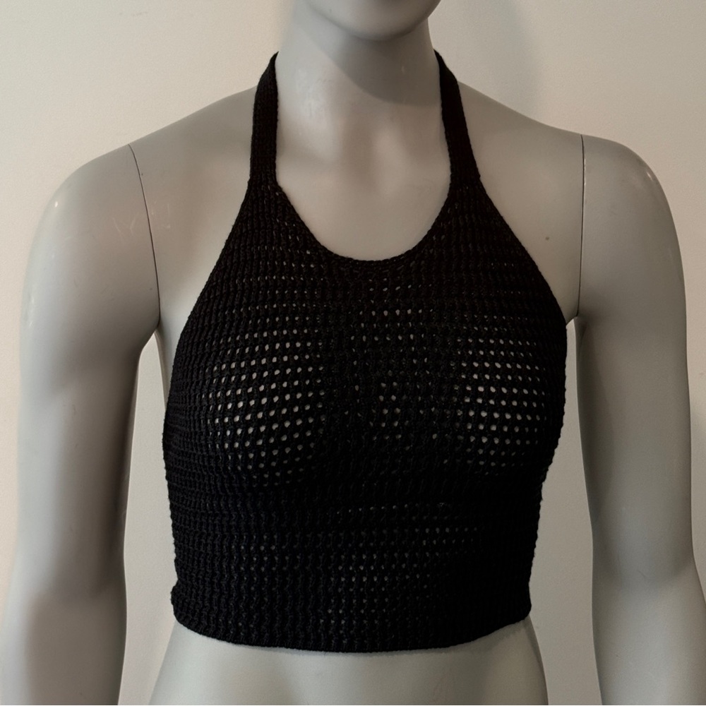 Elan Boho Open Stitch Crochet Black Halter Crop Top Women's S (2-4) Retro 70s